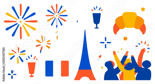 Vibrant French celebration elements with Eiffel Tower fireworks and joyful crowd.