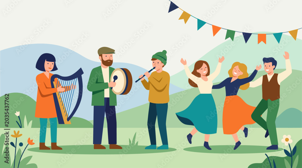 Fototapeta premium This flat design illustration captures the lively spirit of Lughnasa, featuring people playing traditional instruments and dancing with joy. 