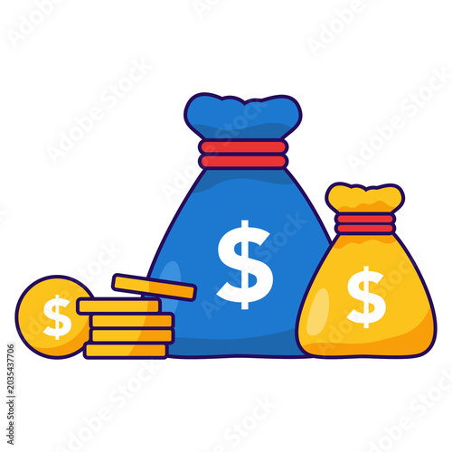 Cute cartoon money bag with dollar sign and stack of gold coins isolated on white background.