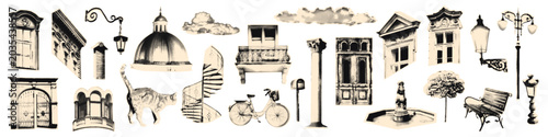Fotografie Architecture halftone collage elements set