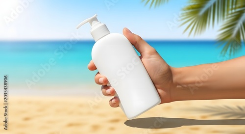 Hand holding blank sunscreen bottle on sunny tropical beach with palm trees and ocean