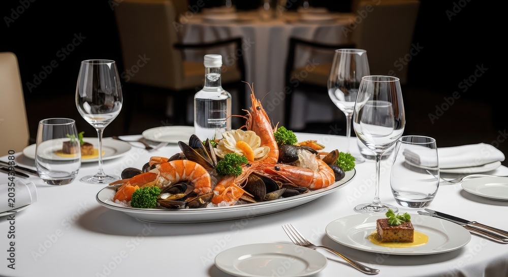 Fototapeta premium Elegant Seafood Platter with Shrimp Mussels Oysters and Wine Glasses on a Table clams