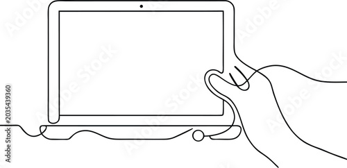 Hand touching laptop screen continuous line art style on transparent background.