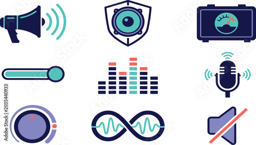 Bold Music and Sound Technology Icon Set with Megaphone Microphone Equalizer Speaker and Mute Vector Illustration Collection