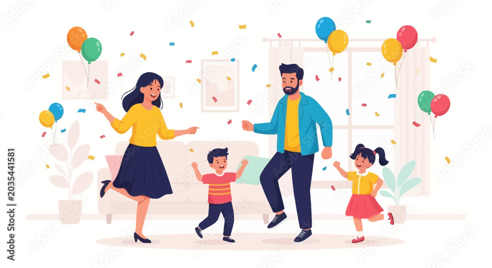 Fototapeta premium Happy Family Celebrating with Balloons and Confetti at Home Party