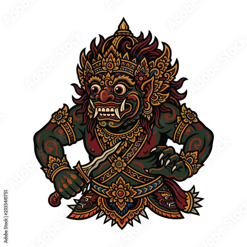 Balinese Rakshasa Demon Guardian Traditional Folk Art Vector Illustration