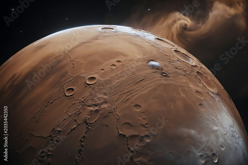 Close-Up View of Mars Surface from Space — Red Planet with Craters, Dust Storm & Polar Ice Cap in Deep Space Background