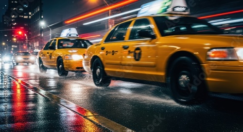 Yellow Cabs Driving on Wet City Street at Night with Blurred Lights.