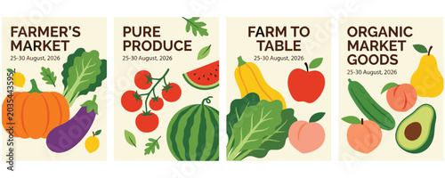 Farmers market organic produce posters with fresh fruit and vegetable.