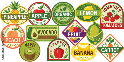 Sticker set for organic fruits and vegetables with colorful branding.
