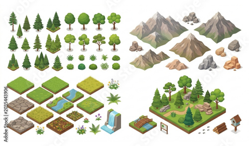 Isometric Nature Elements Vector Set With Trees Mountains And Landscape Objects