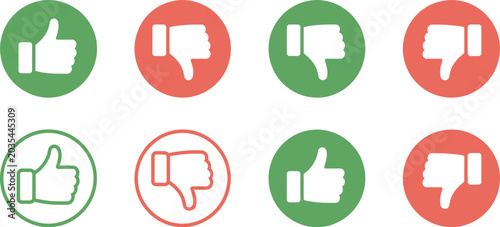 Tableau sur toile Thumbs up and thumbs down icons, green like and red dislike symbols for voting evaluation and opinion feedback graphics