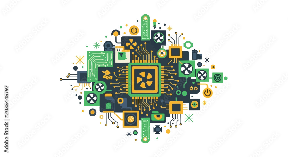 Fototapeta premium Flat Vector Illustration of Computer Hardware Components, CPU, and Circuitry for Technology and Engineering Concepts
