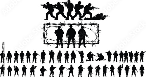 Bild auf Leinwand Large Collection of Military Soldier Silhouettes in Various Combat Poses with Ri