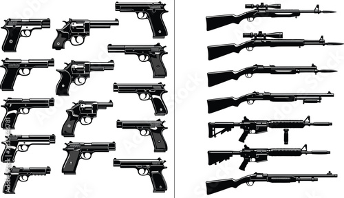 Quadro su tela Set of Black and White Silhouette Vector Illustrations of Various Handguns Revol