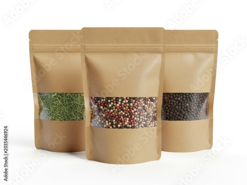 Herbal spice packs in brown paper pouches with transparent windows showing seed dots spices