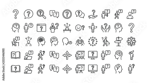 Collection of line icons depicting confusion and questions in various situations  people thinking and communicating