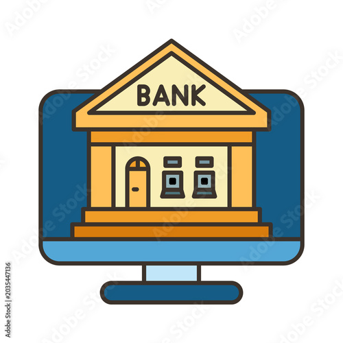 Online banking and digital finance concept. Flat vector illustration of bank building on computer monitor screen.