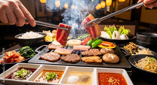 Sizzling meat and vegetables on a tabletop barbecue grill