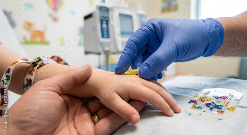 Compassionate nurse carefully inserting an intravenous catheter into a young child's hand in a hospital setting, representing pediatric care and gentle medical procedures