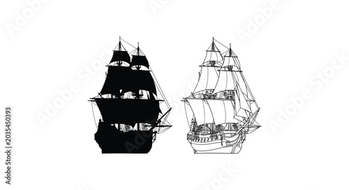 Photos Sailing ship silhouettes and line art on a white background