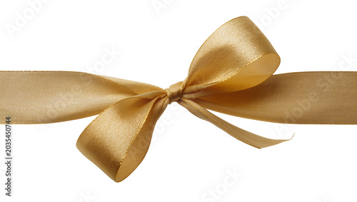 Bilde på lerret Golden satin ribbon bow tied on white
