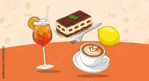 italian food and drinks with aperol spritz tiramisu coffee cup and lemon on an orange table for cafe menus.