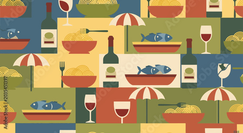 seamless pattern vector illustration featuring flat design mediterranean food elements like spaghetti fish and wine for a charming culinary background.