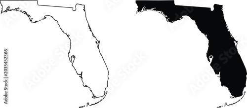 Florida state map icons, outline and silhouette shapes for geography navigation and regional identity concepts.