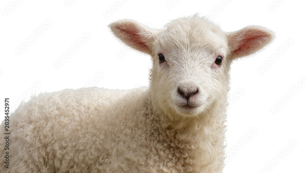 Fototapeta premium Fluffy white lamb with curly wool on white