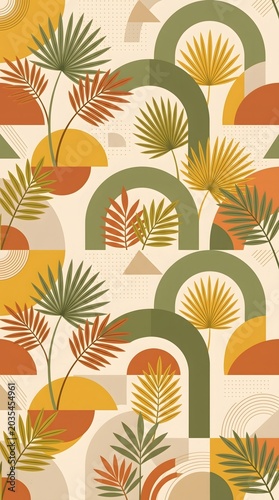 Geometric tropical leaves pattern with green mustard and rust tones modern abstract decorative design