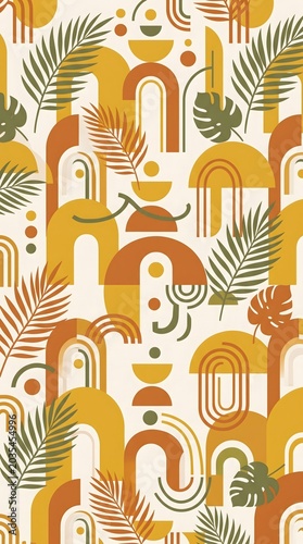 Abstract geometric tropical leaves pattern with arches dots and earthy tones modern decorative design
