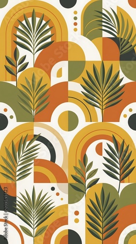 Abstract geometric pattern with palm leaves in earthy tones modern decorative botanical design