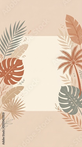 Beige background with tropical leaves terracotta sage and muted tones elegant botanical decorative frame