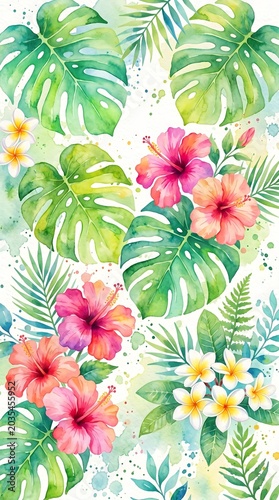 Watercolor tropical foliage hibiscus plumeria flowers