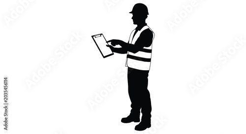 Obraz na płótnie Construction worker silhouette with clipboard and laptop isolated on white