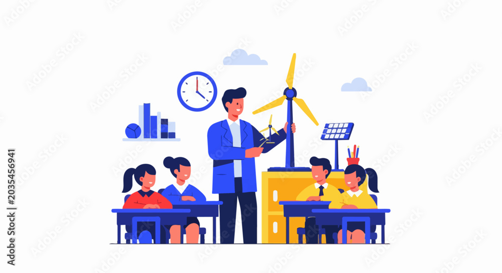 Fototapeta premium Science Teacher Explaining Renewable Energy with Wind Turbine Models to Students in Classroom, STEM Education and Environmental Awareness Flat Vector Illustration