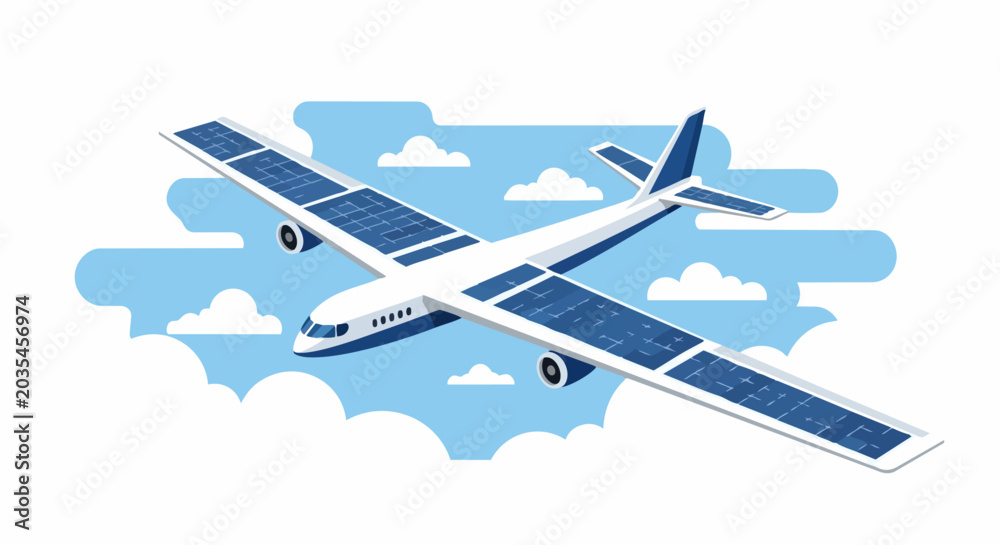 Fototapeta premium Solar Powered Airplane Flying Through Clouds, Eco-Friendly Aviation Concept