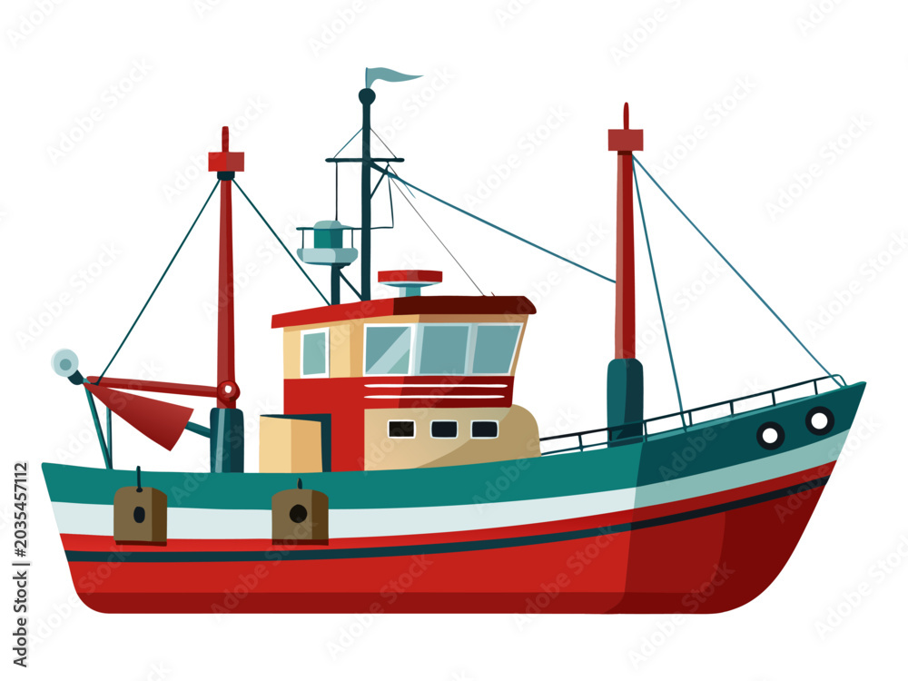 Fototapeta premium Fishing boat illustrated sitting idle on plain white background showing detailed hull cabin rigging and equipment