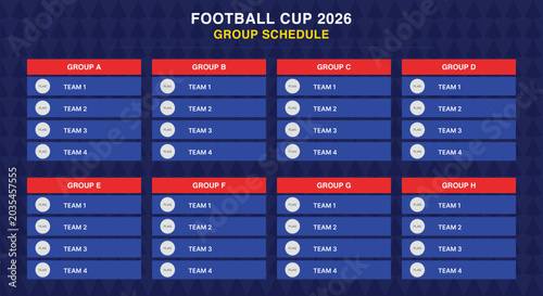Football cup group schedule match template. blue red stage tables, text layouts, geometric background. for soccer tournament broadcasts, championship flyer prints. clean vector sport layout.