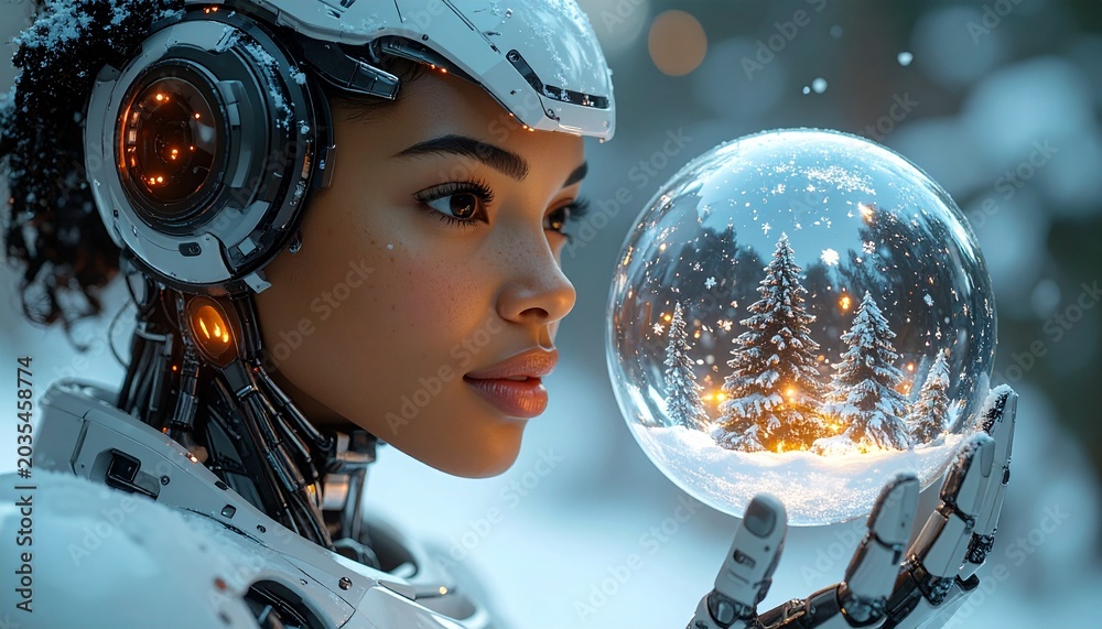 Naklejka premium Robot humanoide futurista sosteniendo esfera de Navidad virtual brillante con escena invernal 