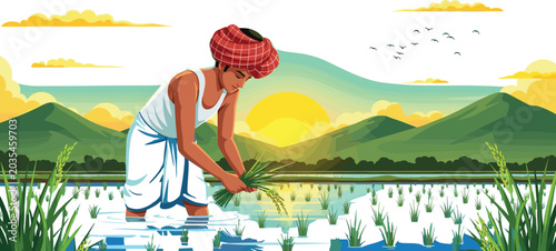 Flat Design Indian Farmer Planting Rice Seedlings In Paddy Field With Mountain Sunrise And Green Landscape Background Vector Illustration