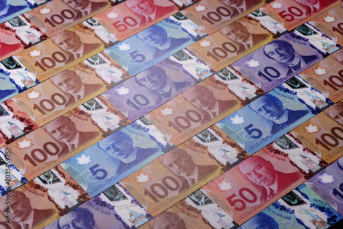 Money, currency of Canada, dollar banknotes of various denominations. Canadian money