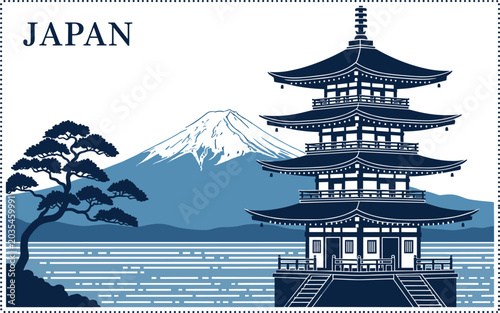 Flat Design Japan Travel Poster With Traditional Pagoda Mount Fuji Pine Tree And Lake In Blue Tones Vector Illustration