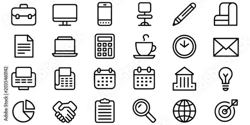 Collection of office and business outline icons for web and app design
