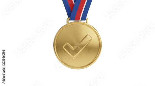 Gold Medal With Checkmark On Red White And Blue Ribbon