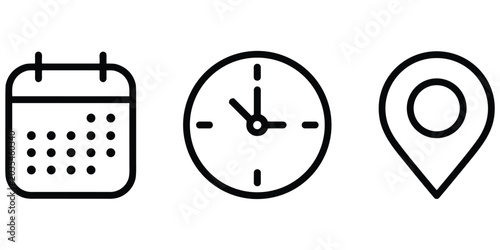 Scheduling and navigation icon collection featuring daily calendar analog clock and location marker