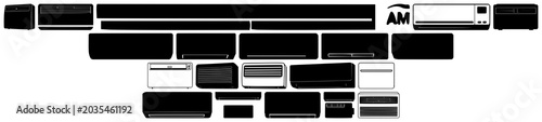 Air conditioner set with black silhouette against white background featuring air conditioning, cooling, HVAC with line art and illustration
