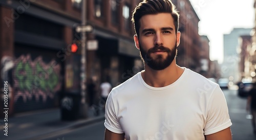 Stylish bearded man in white t-shirt on city street