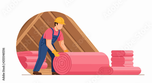 Professional Worker Installing Fiberglass Insulation Rolls in House Attic for Energy Efficiency and Home Renovation, Vector Illustration